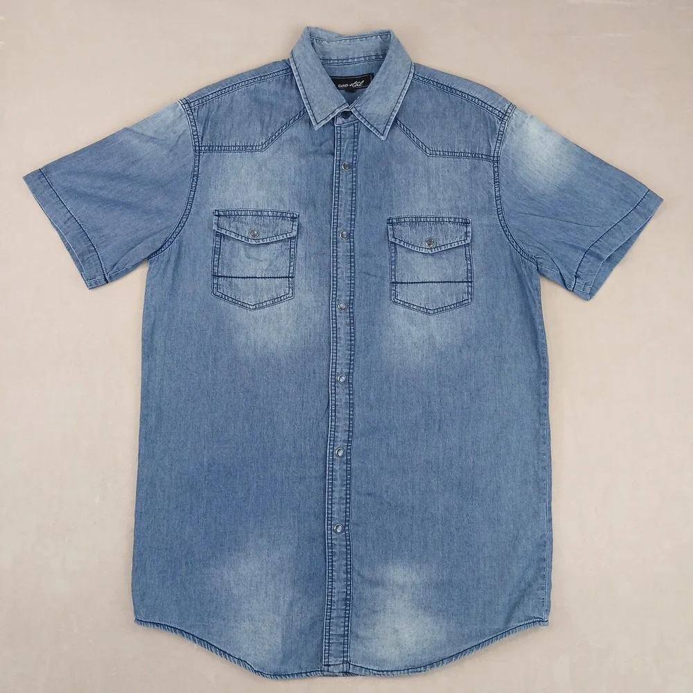 Coastal Medium Mens‎ Shirt Denim Western Pearl Snap Cowboy Short Sleeve 21x29
